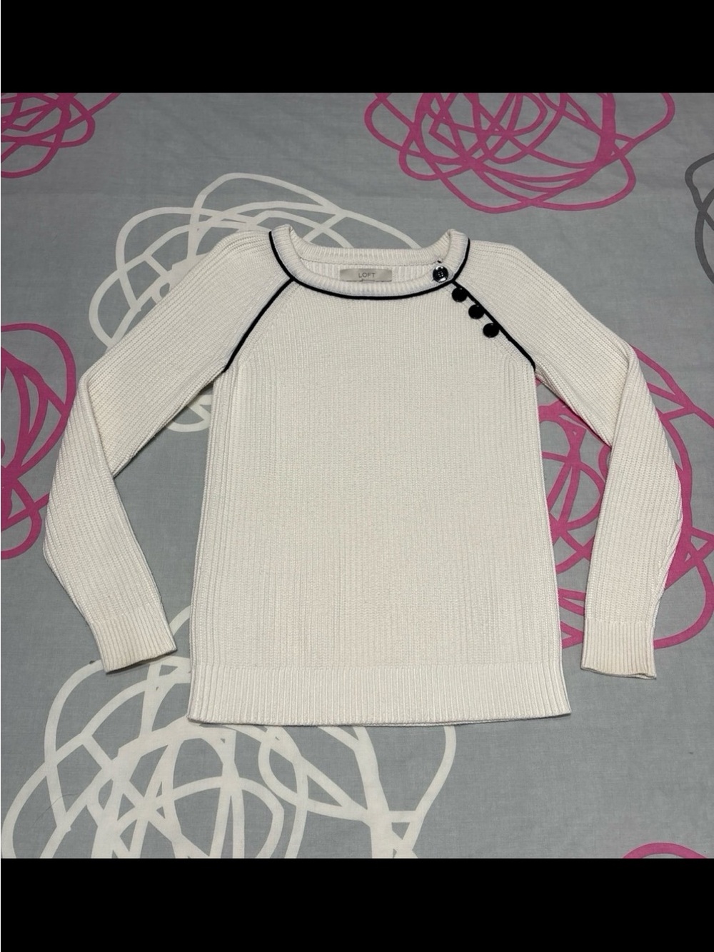 LOFT White Sweater With Black Trim and Button Details
